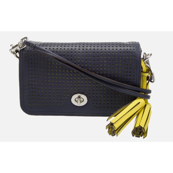 COACH Legacy Penny Perforated Leather Crossbody Bag Navy Blue Citrine